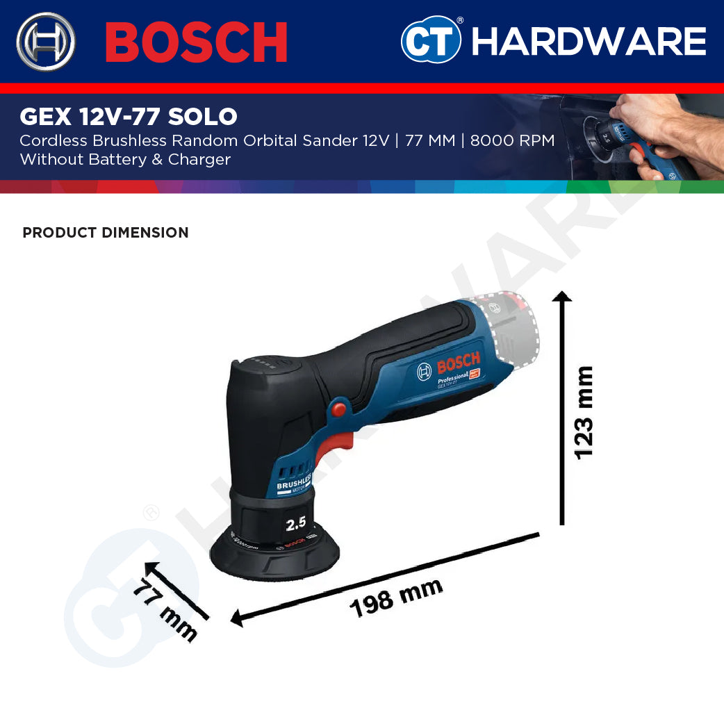 Bosch GEX 12V-77 SOLO Cordless Brushless Random Orbital Sander 12V | 77 MM Without Battery & Charger | GEX12V77SOLO