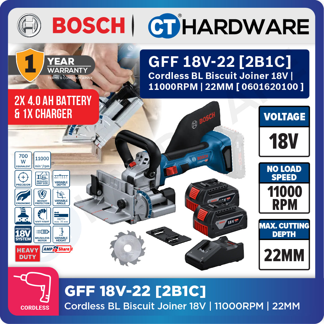 Bosch PRO GFF 18V-22 Cordless Biscuit Joiner 18V 0601620100 (Body Only | 1-Battery | 2-Battery)