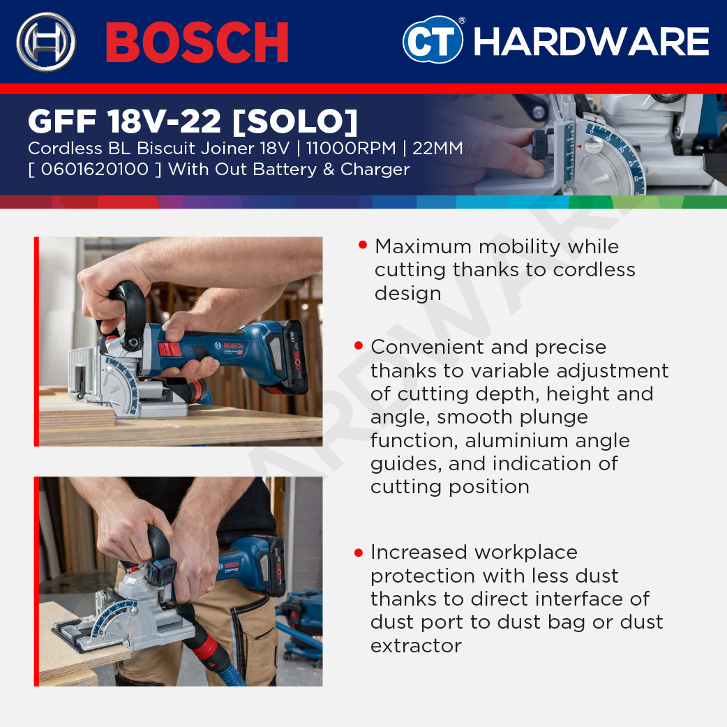 Bosch PRO GFF 18V-22 Cordless Biscuit Joiner 18V 0601620100 (Body Only | 1-Battery | 2-Battery)