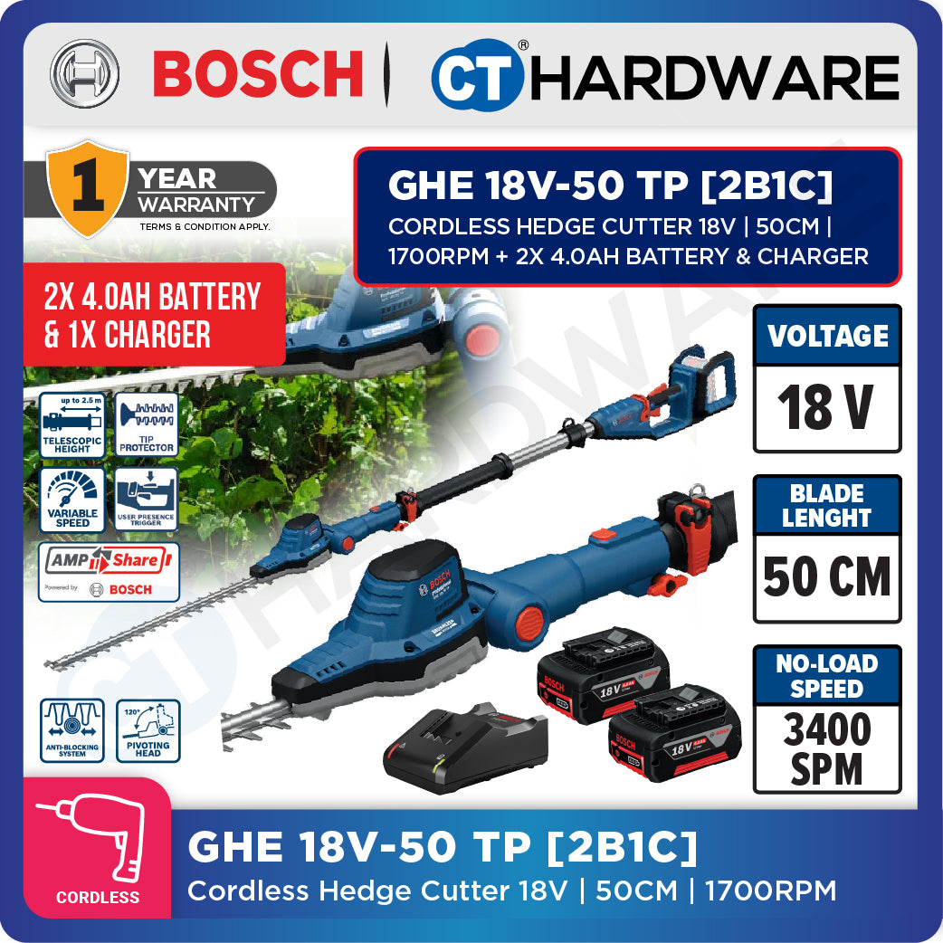 Bosch GHE 18V-50 TP SOLO Cordless Hedge Cutter 18V, 50CM, 1700RPM Without Battery & Charger, GHE18V50TPSOLO