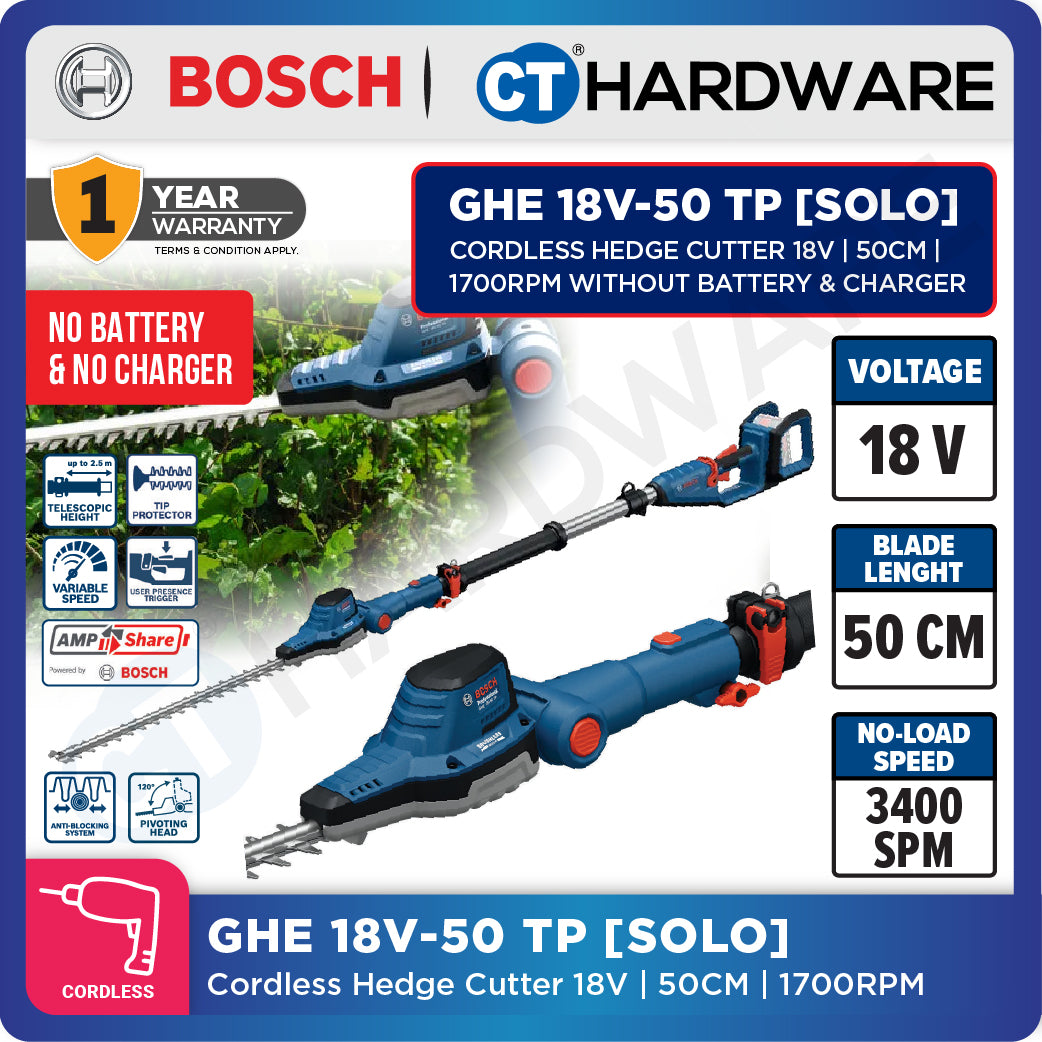 Bosch GHE 18V-50 TP SOLO Cordless Hedge Cutter 18V, 50CM, 1700RPM Without Battery & Charger, GHE18V50TPSOLO