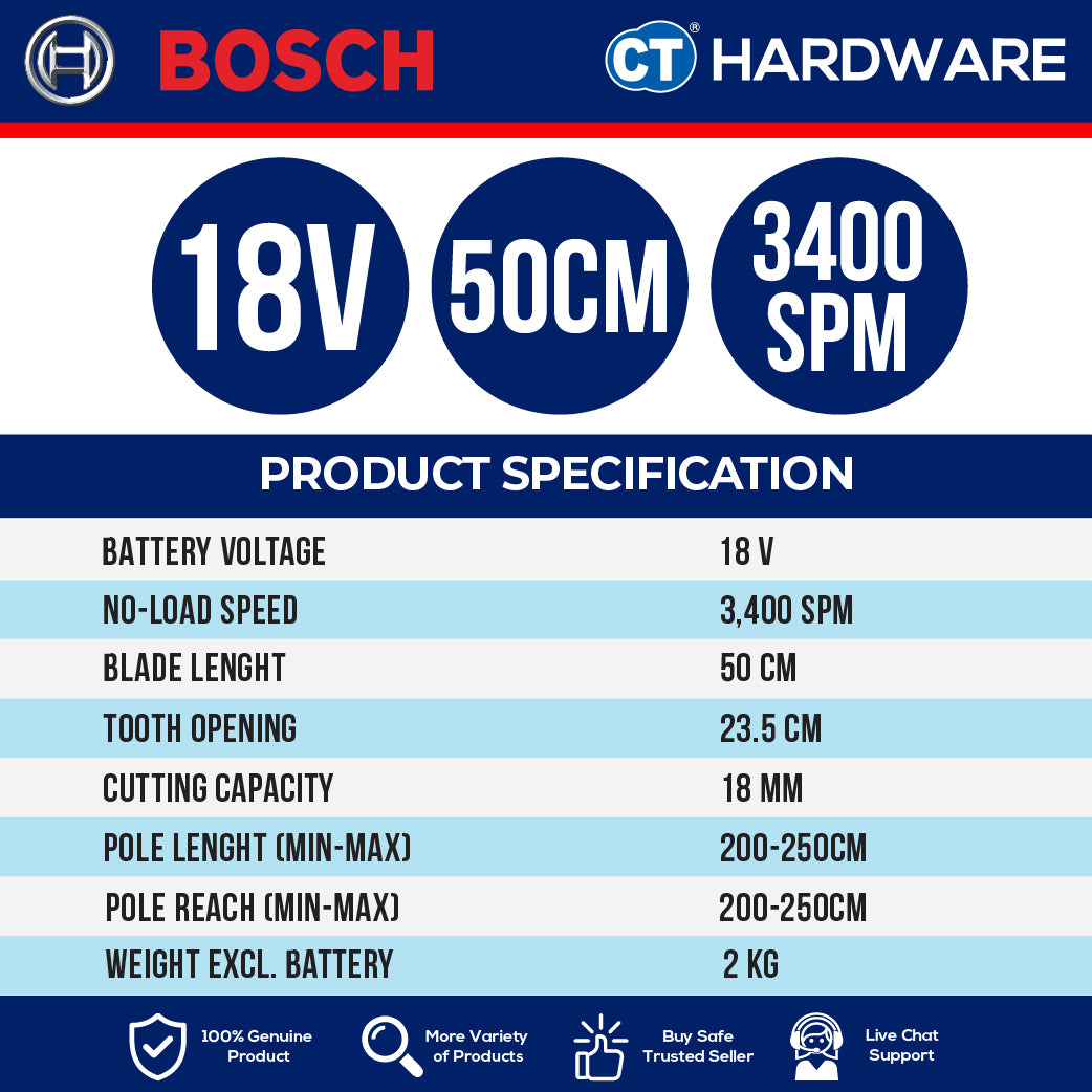 Bosch GHE 18V-50 TP SOLO Cordless Hedge Cutter 18V, 50CM, 1700RPM Without Battery & Charger, GHE18V50TPSOLO