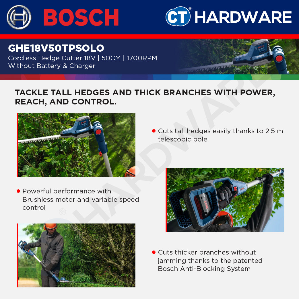 Bosch GHE 18V-50 TP SOLO Cordless Hedge Cutter 18V, 50CM, 1700RPM Without Battery & Charger, GHE18V50TPSOLO