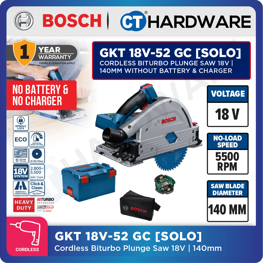 Bosch GKT 18V-52 GC SOLO Cordless BITURBO Plunge Saw 18V, 140mm without Battery & Charger, GKT18V52GCSOLO