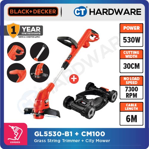 BLACK+DECKER GL5530-B1 String Trimmer / Grass Trimmer 550W 30cm Combo With CM100 City Mower