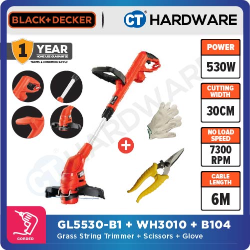 BLACK+DECKER GL5530-B1 String Trimmer / Grass Trimmer 550W 30CM Combo With B104 Cotton Glove & Garden Scissors