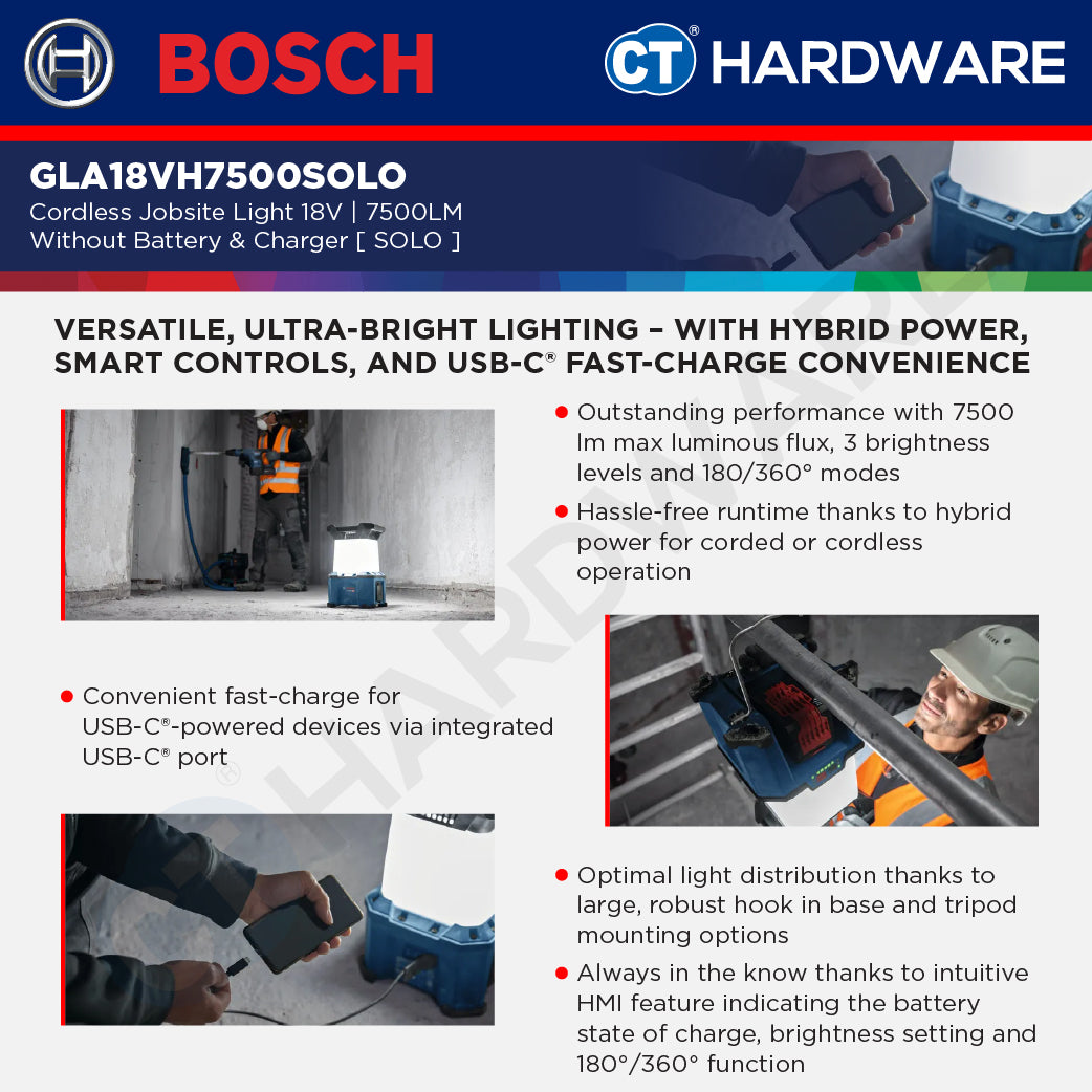 Bosch GLA 18VH-7500 SOLO Cordless Jobsite Light 18V,7500LM Without Battery & Charger, GLA18VH7500SOLO