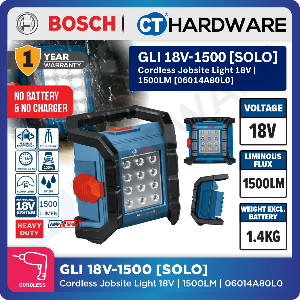Bosch PRO GLI 18V-1500 Cordless Jobsite Light 18V 06014A80L0 (Body Only | 1-Battery | 2-Battery)