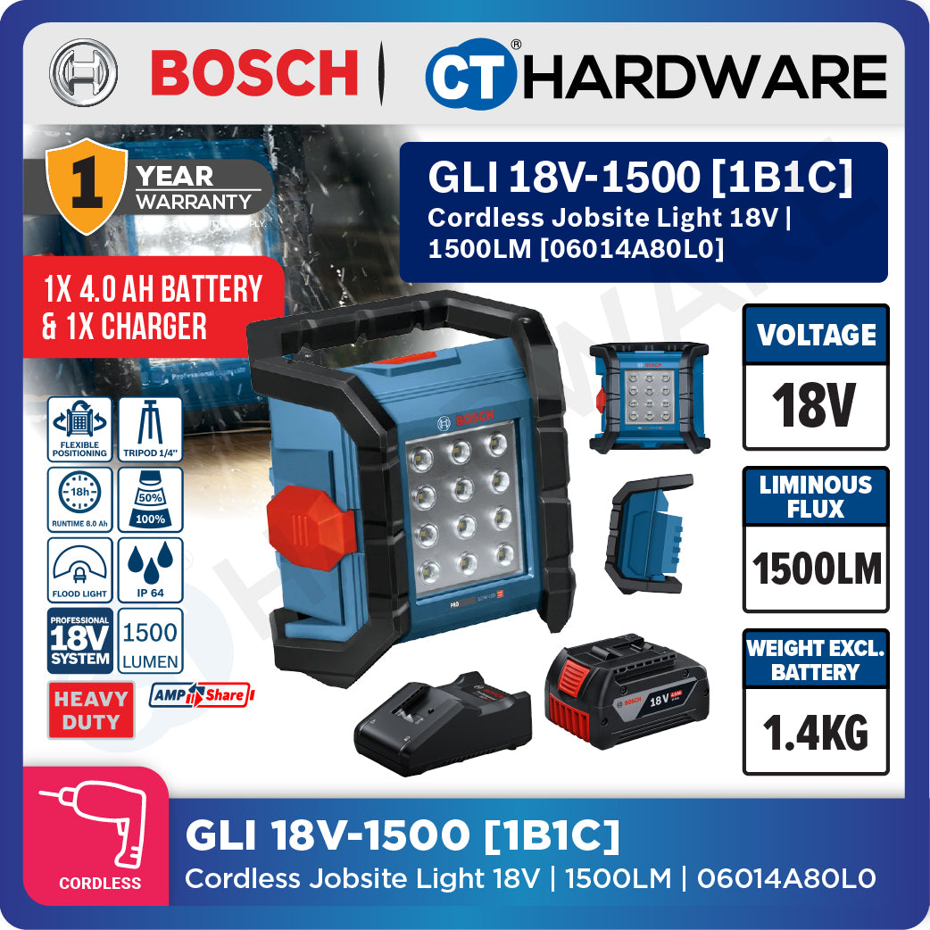 Bosch PRO GLI 18V-1500 Cordless Jobsite Light 18V 06014A80L0 (Body Only | 1-Battery | 2-Battery)