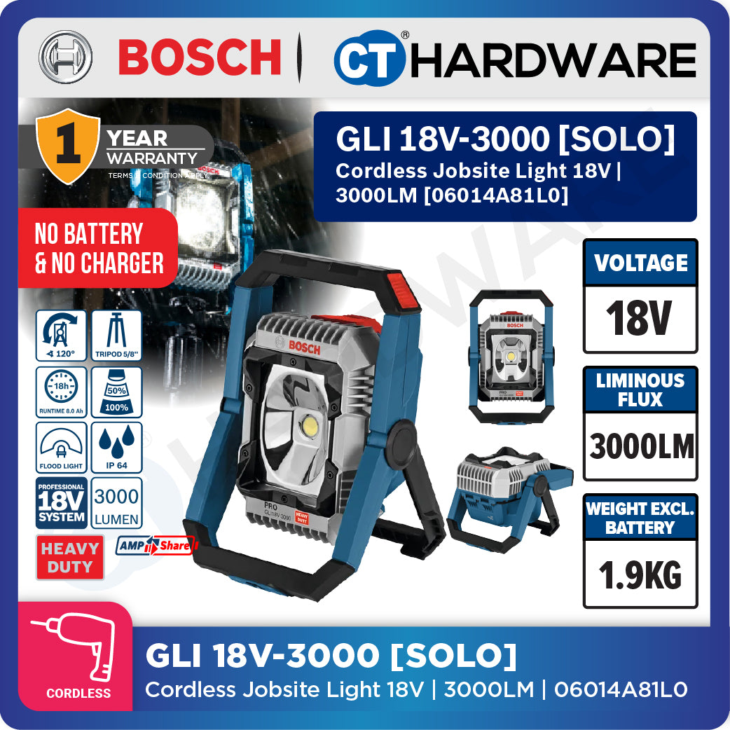 Bosch PRO GLI 18V-3000 Cordless Jobsite Light 18V 06014A81L0 (Body Only | 1-Battery | 2-Battery)