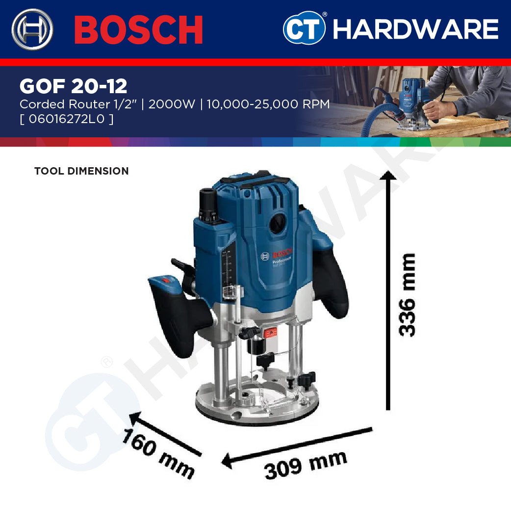 Bosch GOF 20-12 Corded Router 1/2" Come With Parallel Guide, Dust Extractor & Collet 12MM & 1/2" GOF2012