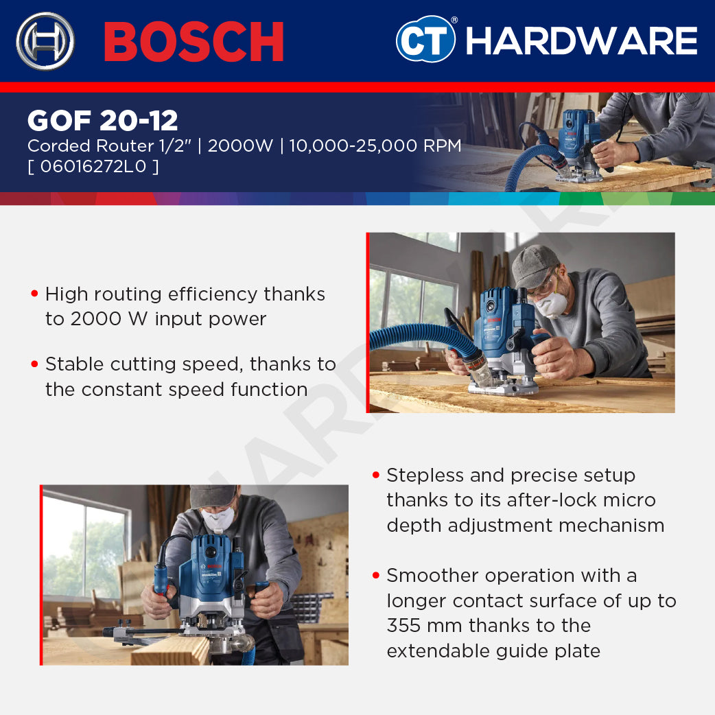 Bosch GOF 20-12 Corded Router 1/2" Come With Parallel Guide, Dust Extractor & Collet 12MM & 1/2" GOF2012
