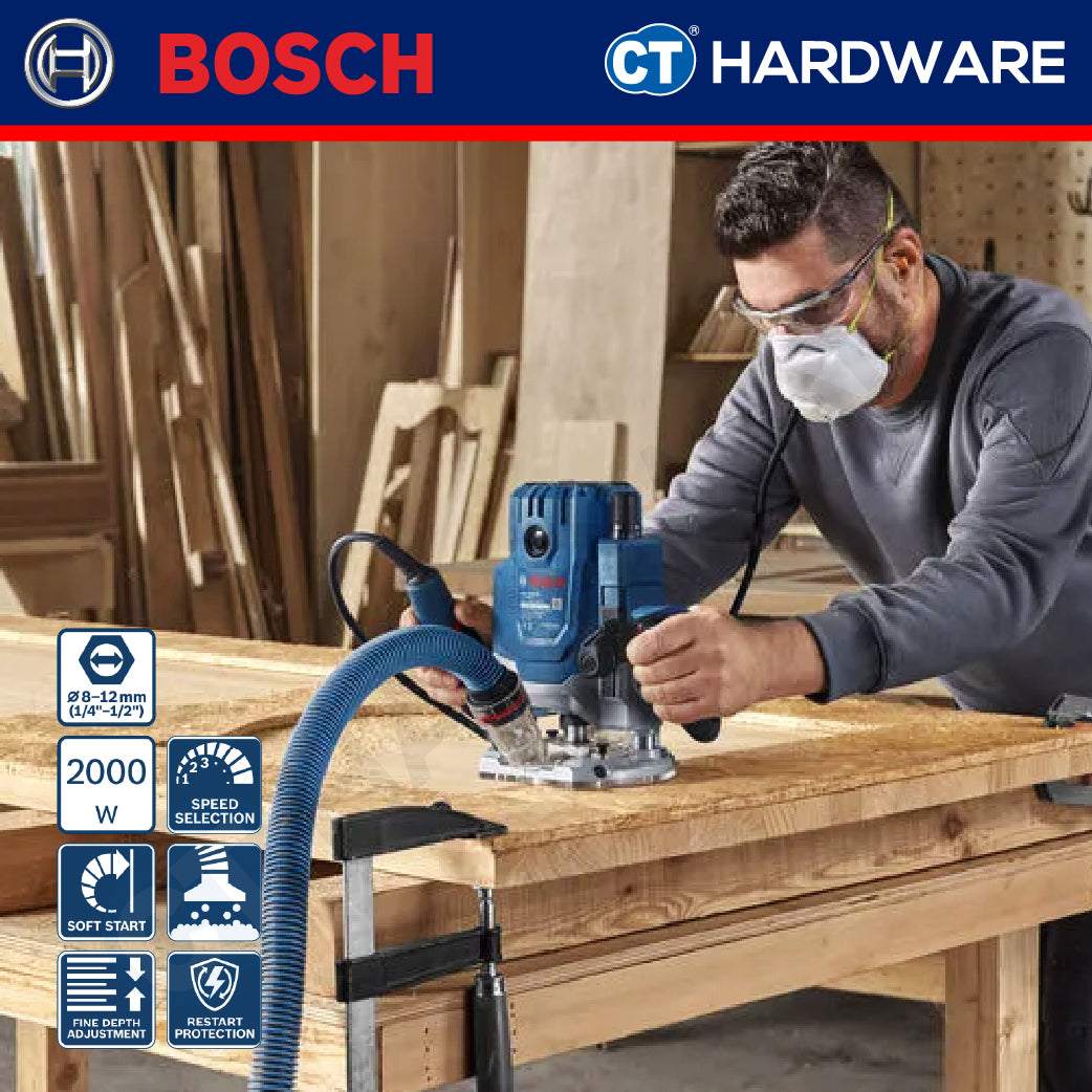 Bosch GOF 20-12 Corded Router 1/2" Come With Parallel Guide, Dust Extractor & Collet 12MM & 1/2" GOF2012