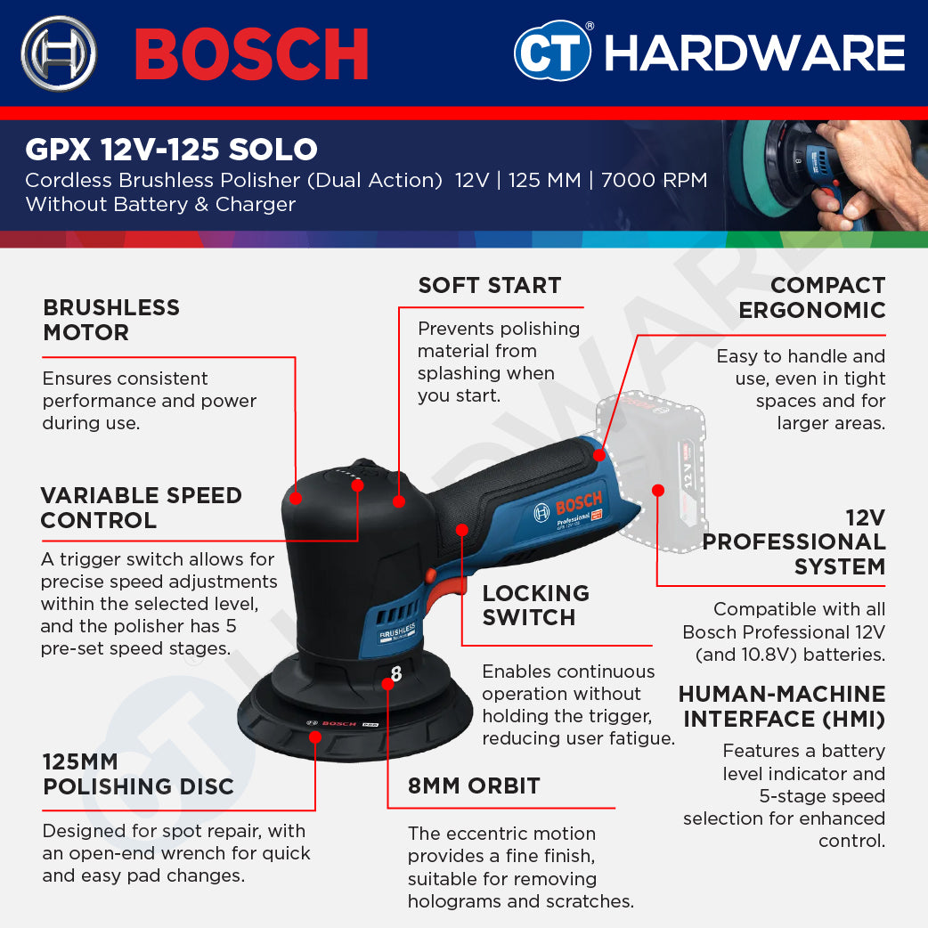 Bosch GPX 12V-125 SOLO Cordless Brushless Polisher (Dual Action) 12V | 125 MM Without Battery & Charger | GPX12V125SOLO