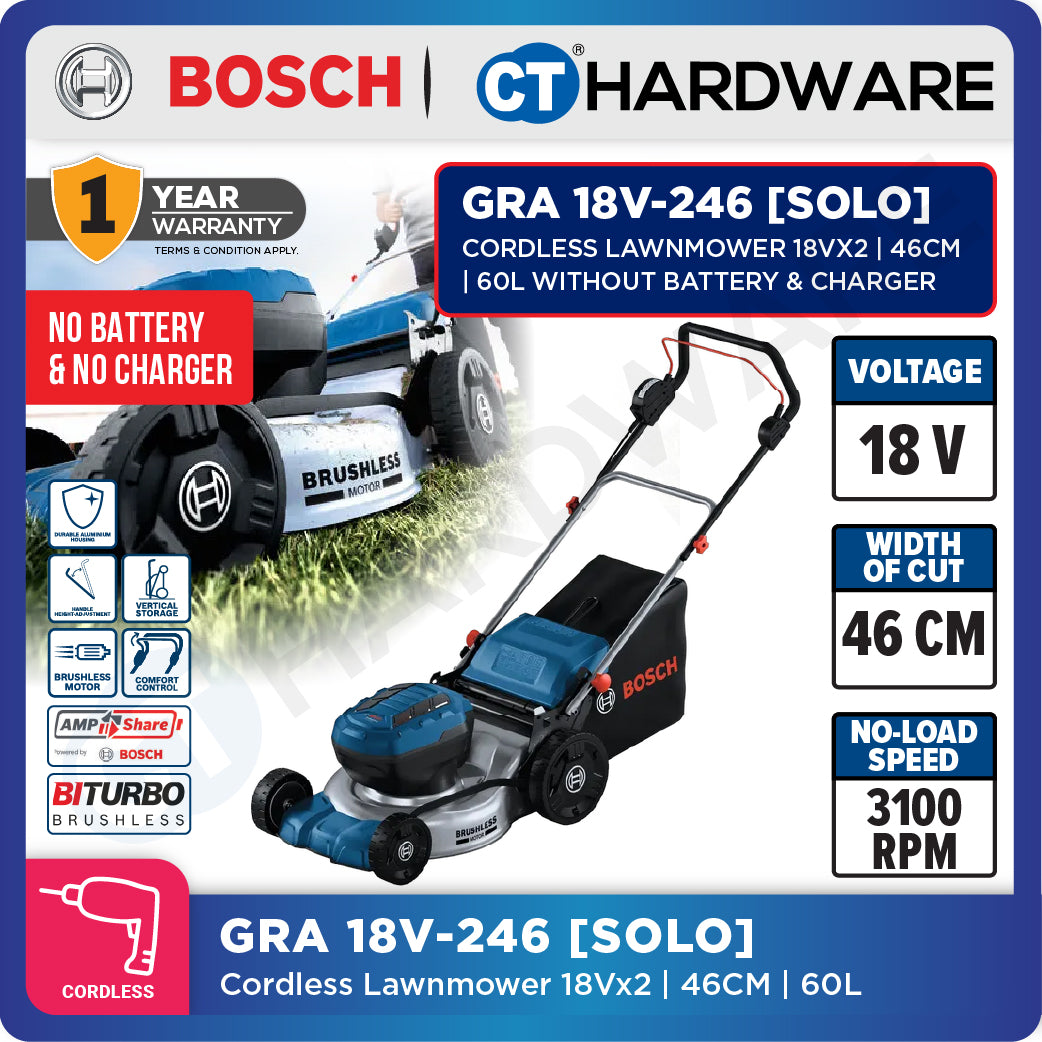 Bosch GRA 18V-246 SOLO Cordless Lawnmower 18Vx2, 46CM, 60L Without Battery & Charger, GRA18V246SOLO