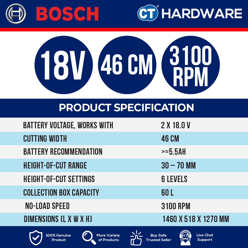 Bosch GRA 18V-246 SOLO Cordless Lawnmower 18Vx2, 46CM, 60L Without Battery & Charger, GRA18V246SOLO