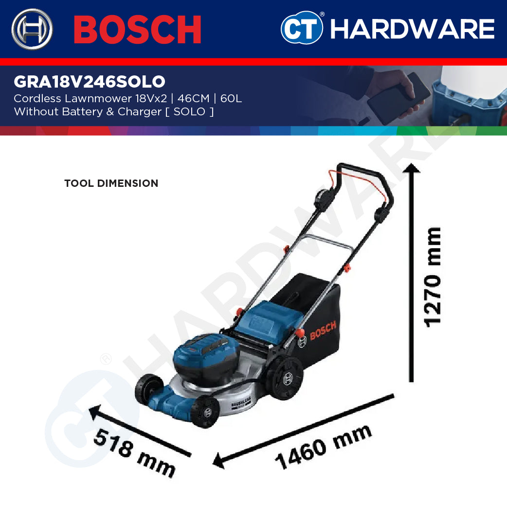Bosch GRA 18V-246 SOLO Cordless Lawnmower 18Vx2, 46CM, 60L Without Battery & Charger, GRA18V246SOLO