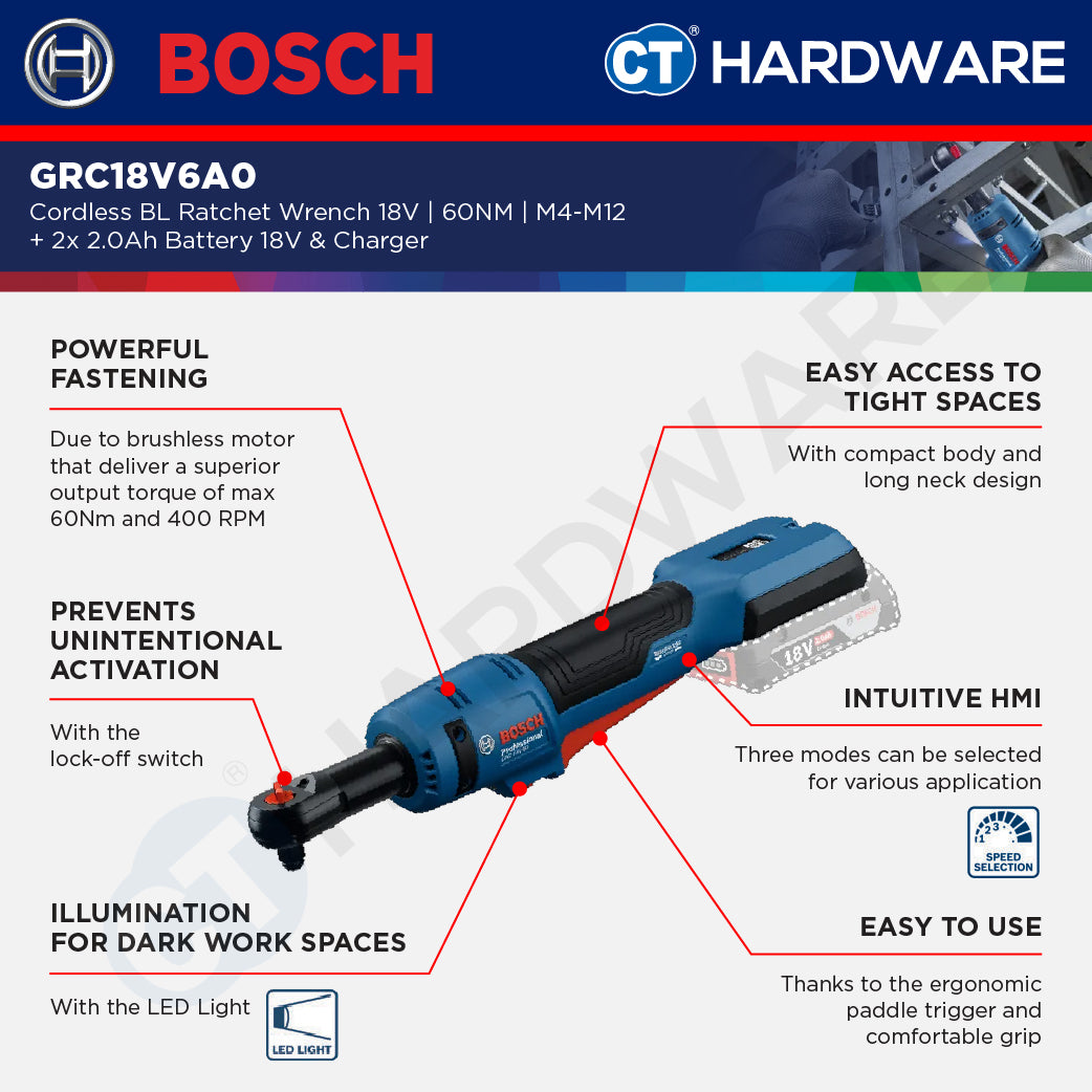 Bosch GRC18V60 Cordless Brushless Ratchet Wrench 18V | 60NM | M4-M12 Come with 2x 2.0Ah 18V Battery & Charger