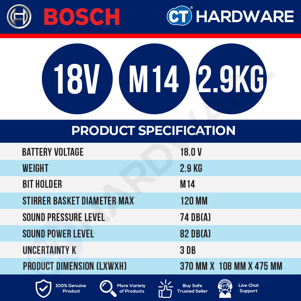 Bosch PRO GRW 18V-120 Cordless Mixer/Stirrer 18V 06011C2080 (Body Only | 1-Battery | 2-Battery)