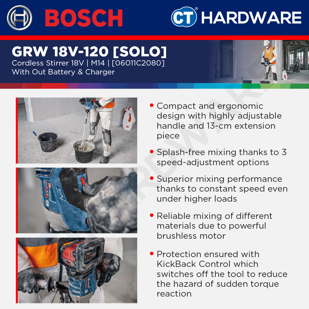 Bosch PRO GRW 18V-120 Cordless Mixer/Stirrer 18V 06011C2080 (Body Only | 1-Battery | 2-Battery)