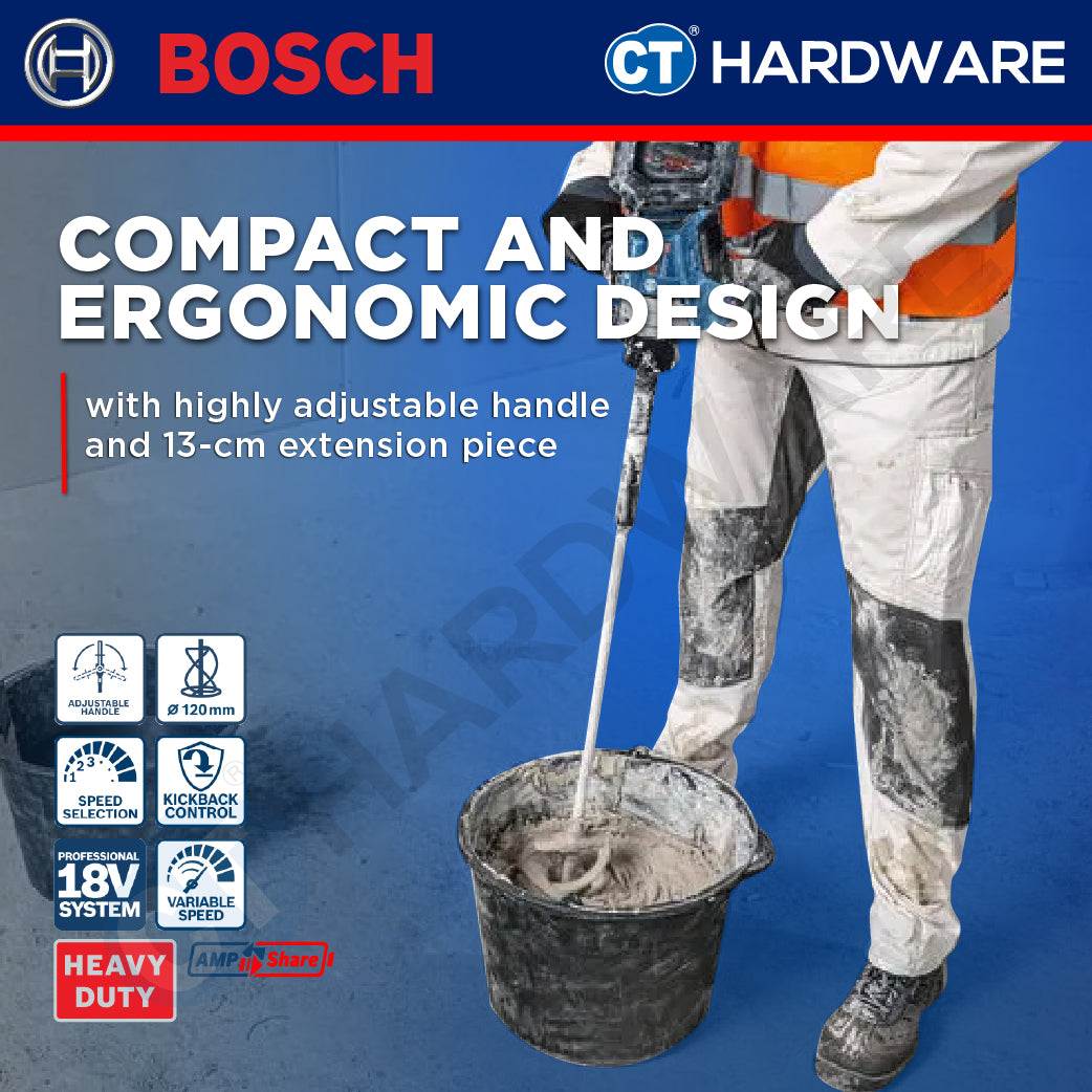 Bosch PRO GRW 18V-120 Cordless Mixer/Stirrer 18V 06011C2080 (Body Only | 1-Battery | 2-Battery)