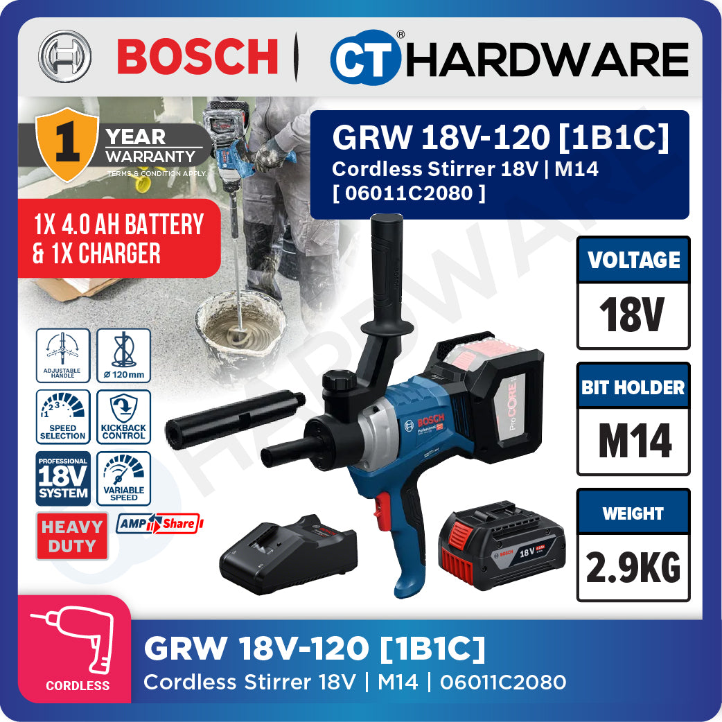 Bosch PRO GRW 18V-120 Cordless Mixer/Stirrer 18V 06011C2080 (Body Only | 1-Battery | 2-Battery)