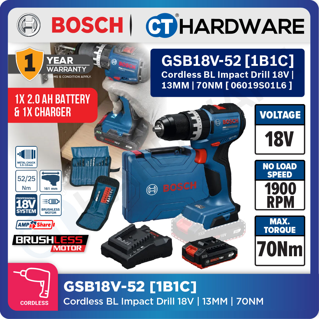 Bosch PRO GSB18V-52 Cordless Impact Drill/Driver 18V 06019S01L6 (Body Only | 1-Battery | Full Pack)