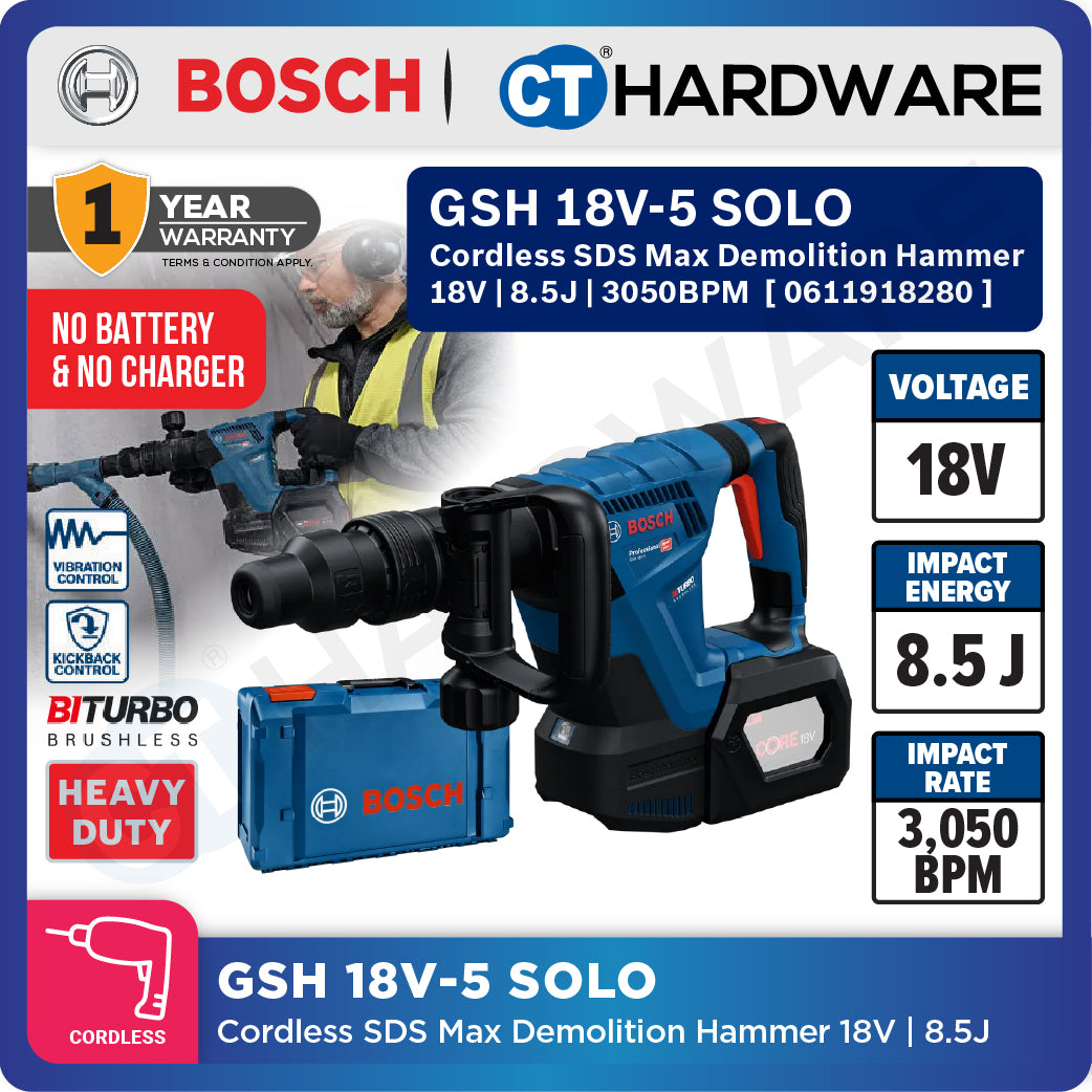 Bosch GSH 18V-5 SOLO Cordless SDS Max Demolition Hammer 18V 8.5J GSH18V5SOLO Chiseling & Demolition Works