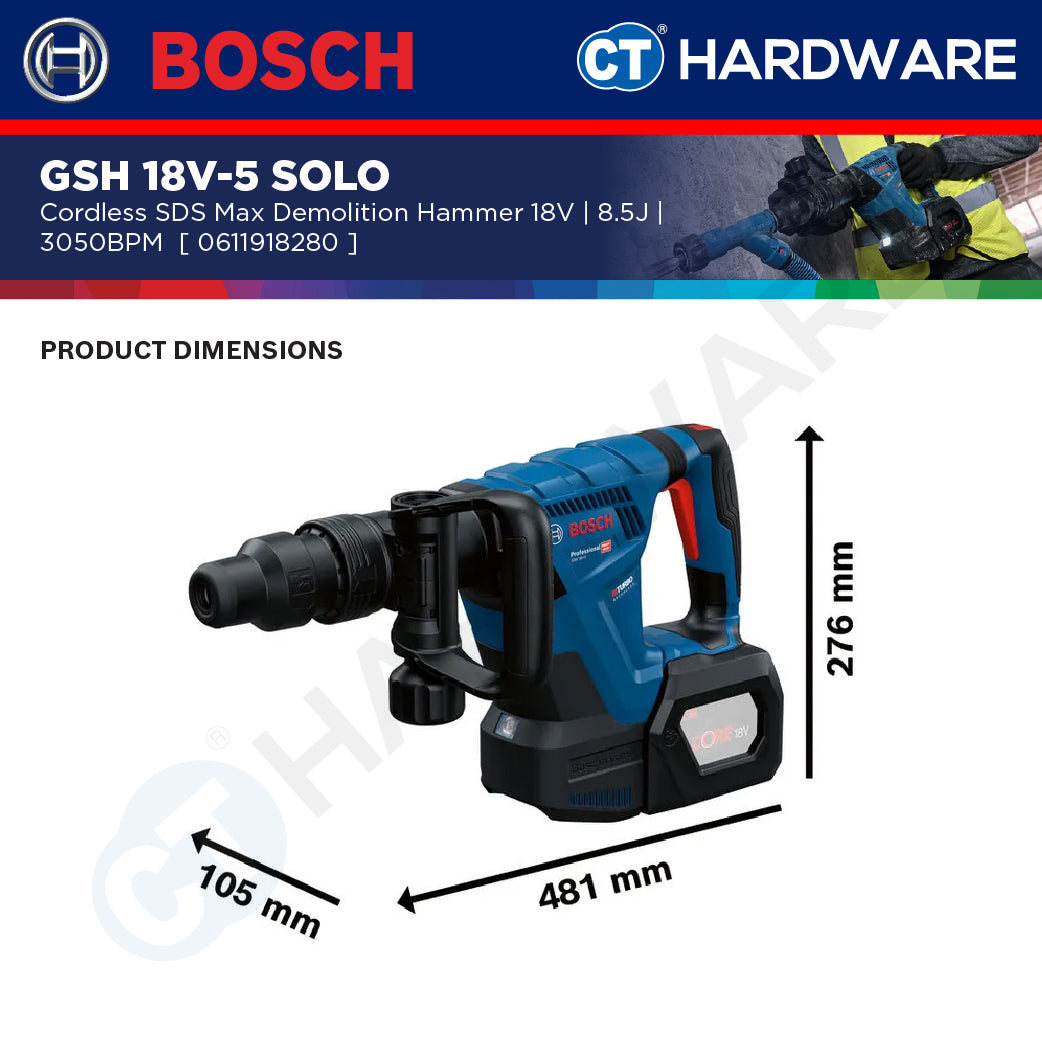 Bosch GSH 18V-5 SOLO Cordless SDS Max Demolition Hammer 18V 8.5J GSH18V5SOLO Chiseling & Demolition Works