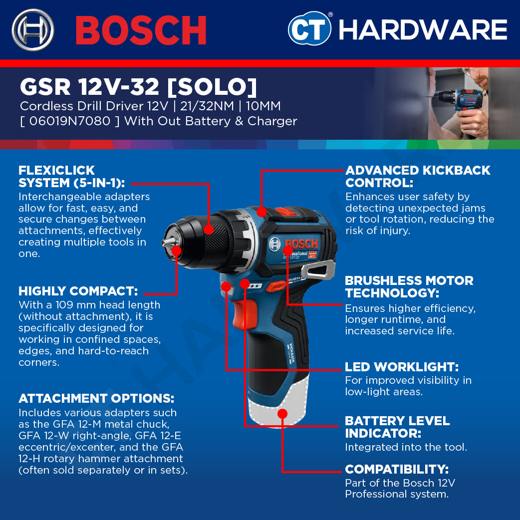 Bosch PRO GSR 12V-32 Cordless Drill Driver 12V 06019N7080 (Body Only | 2-Battery)