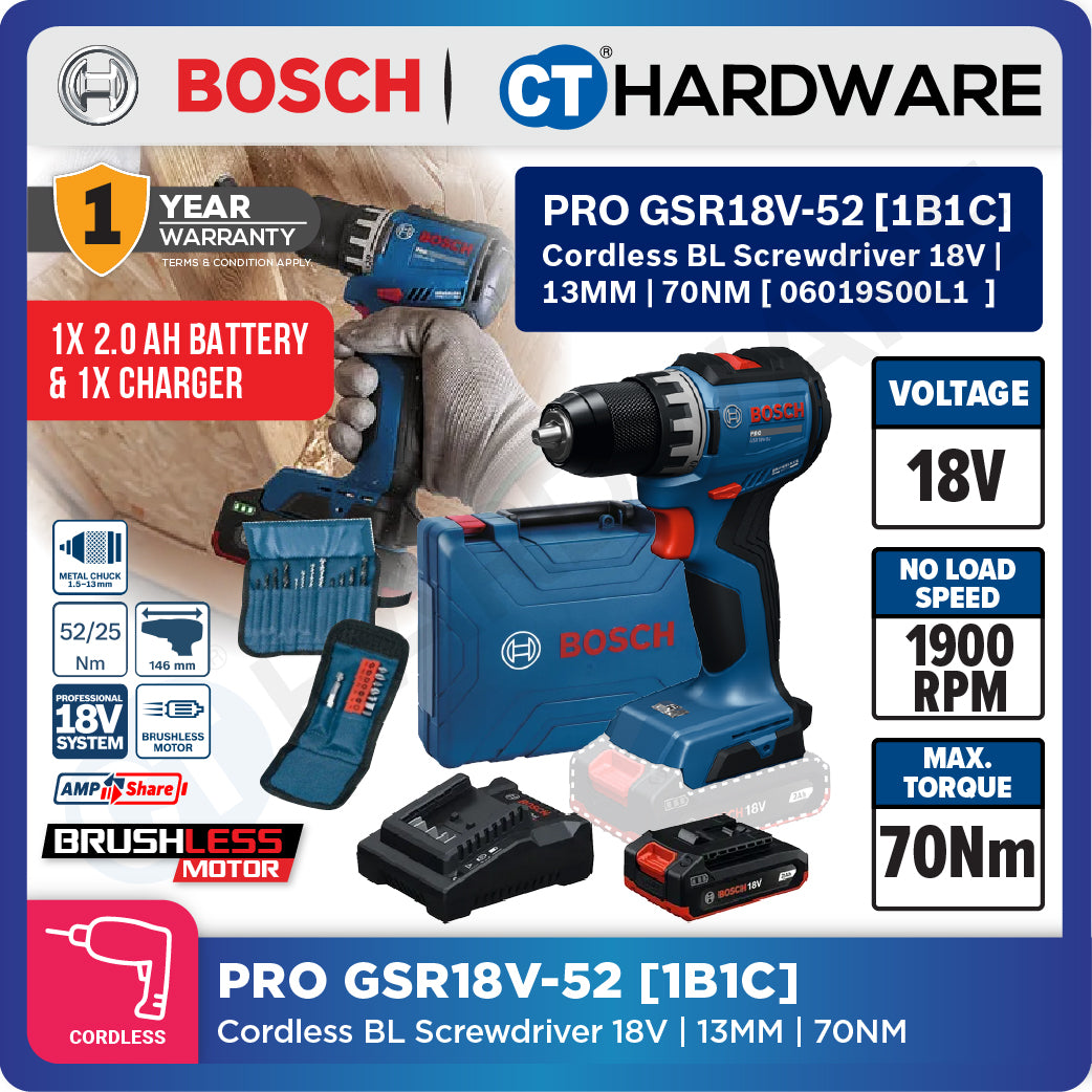 Bosch PRO GSR18V-52 Cordless BL Screwdriver 18V, 13MM, 70NM, Replace GSR180-LI, GSR18V52