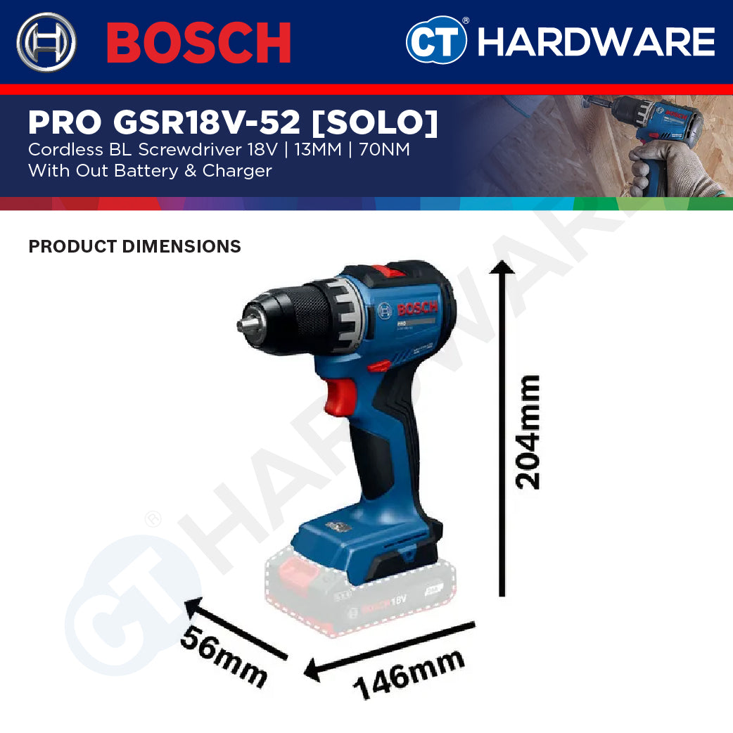 Bosch PRO GSR18V-52 Cordless BL Screwdriver 18V, 13MM, 70NM, Replace GSR180-LI, GSR18V52