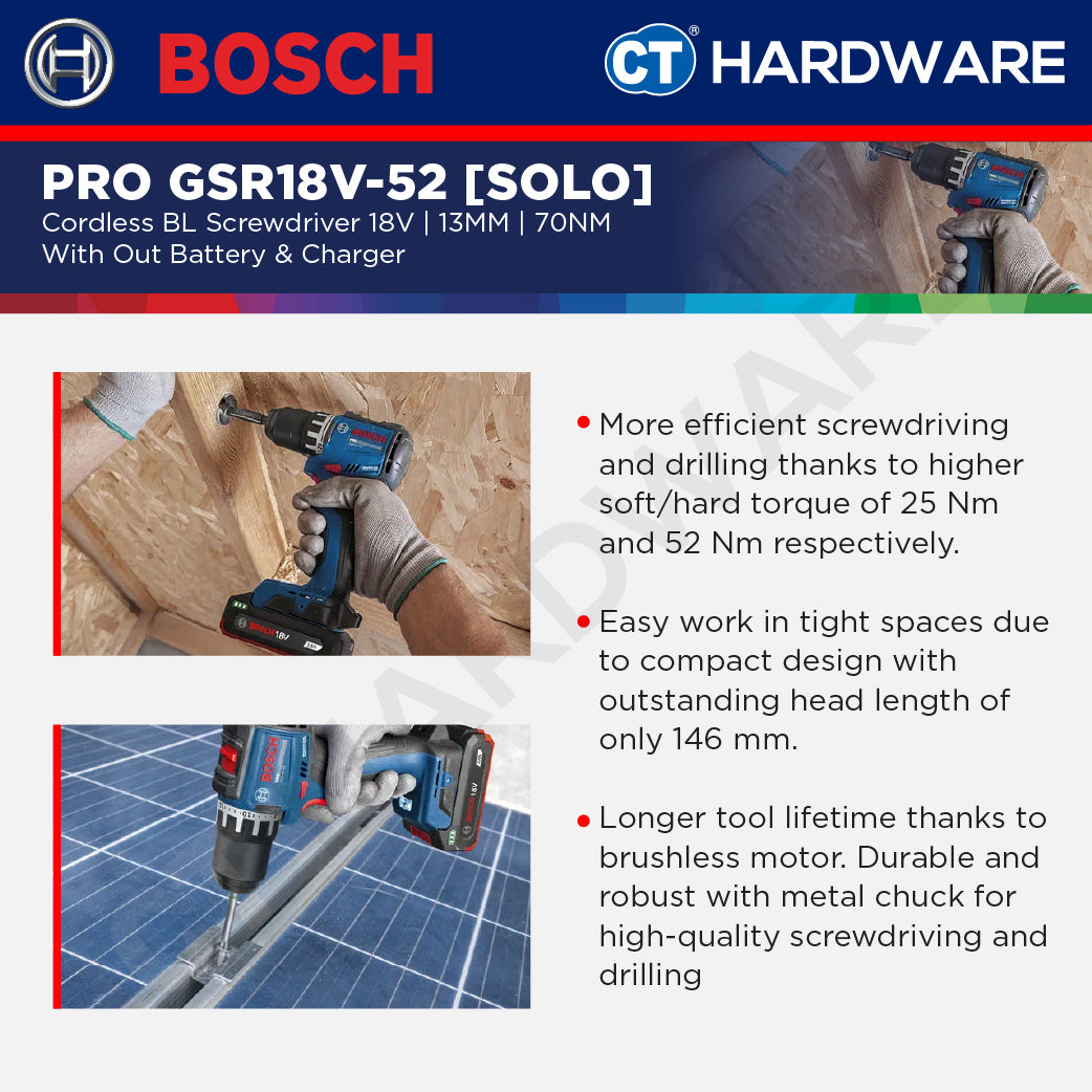 Bosch PRO GSR18V-52 Cordless BL Screwdriver 18V, 13MM, 70NM, Replace GSR180-LI, GSR18V52
