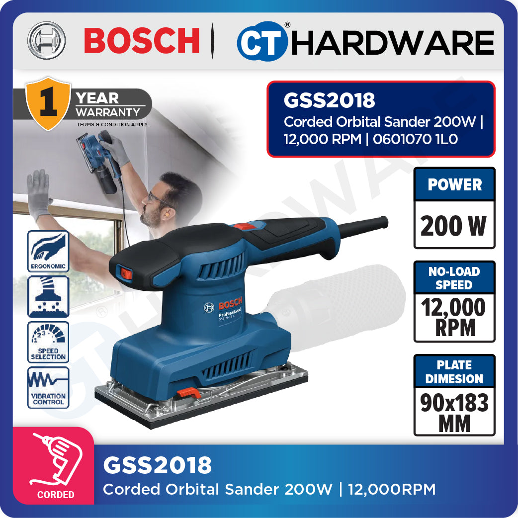 Bosch GSS2018 | GSS2018A Corded Orbital Sander 200W | 12,000RPM | Wood, Paint & Varnish Sanding