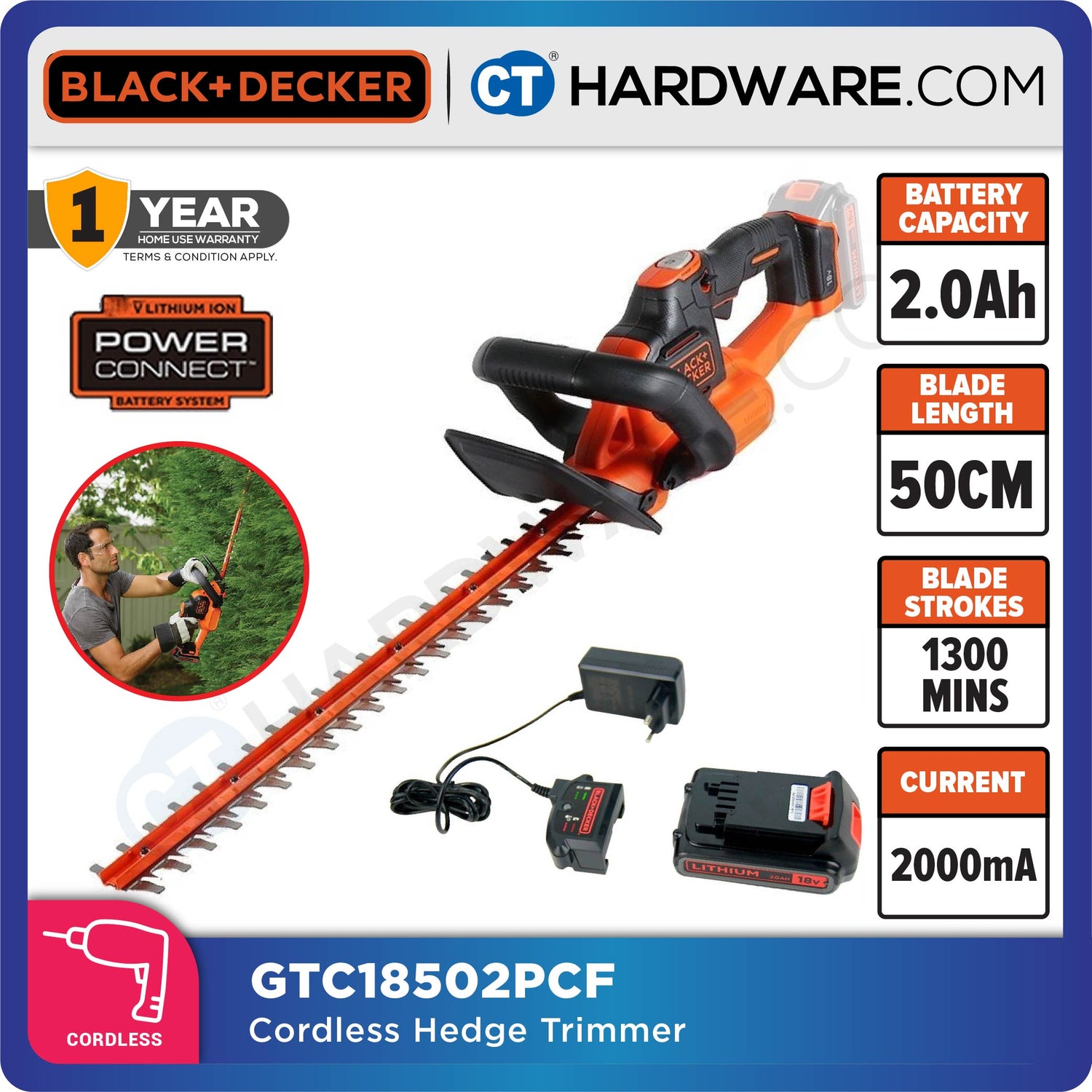 BLACK+DECKER GTC18502PCF POWERCOMMAND Cordless Hedge Trimmer 18V 50CM Blade