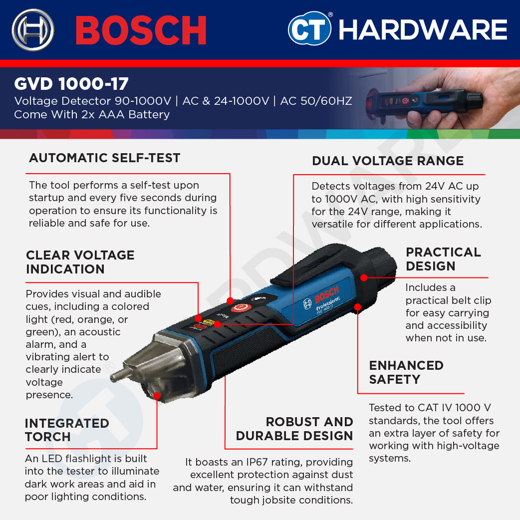 Bosch GVD 1000-17 Voltage Detector 90-1000V AC & 24-1000V AC | Come With 2x AAA Battery | GVD1000-17