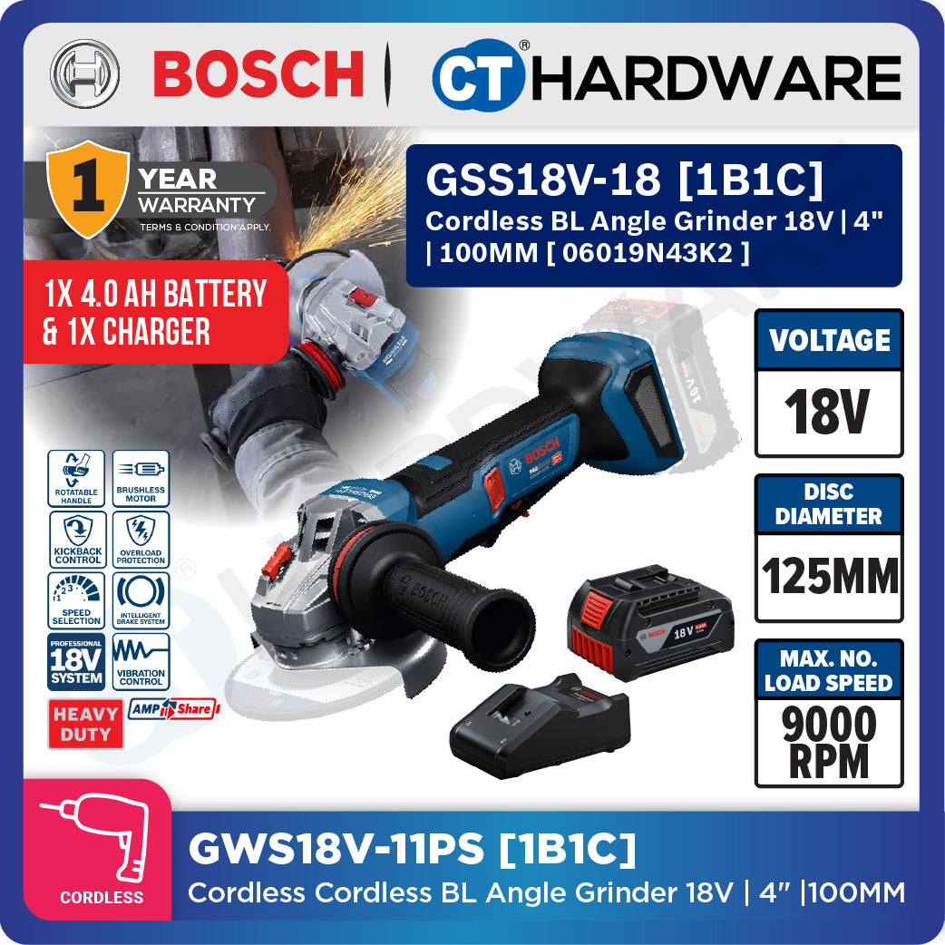 Bosch PRO GWS18V-11PS Cordless Angle Grinder 18V 06019N43K2 (Body Only | 1-Battery | 2-Battery)