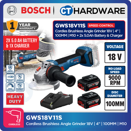 Bosch GWS18V11S Cordless Brushless Angle Grinder 18V | 4" | 100MM | M10 Come with 2x 5.0Ah 18V Battery & Charger