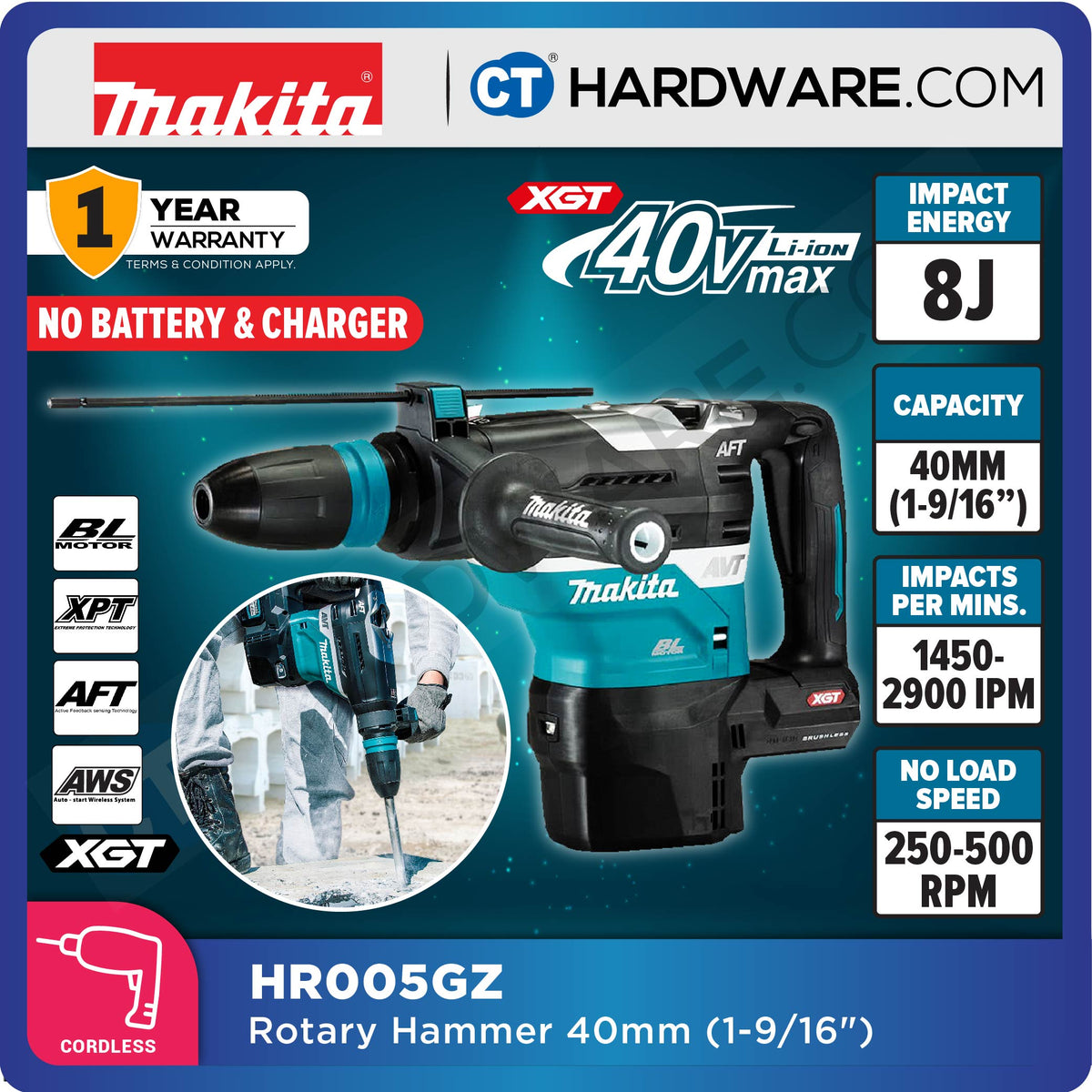 Makita HR005GZ XGT 40Vmax Cordless Brushless Rotary Hammer 40mm 8.0J Solo