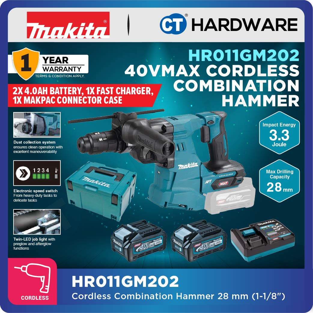 Makita HR011GZ | HR011GM202 XGT 40Vmax Cordless Combination Hammer 28mm 3.3J (Body Only | 2-Battery)