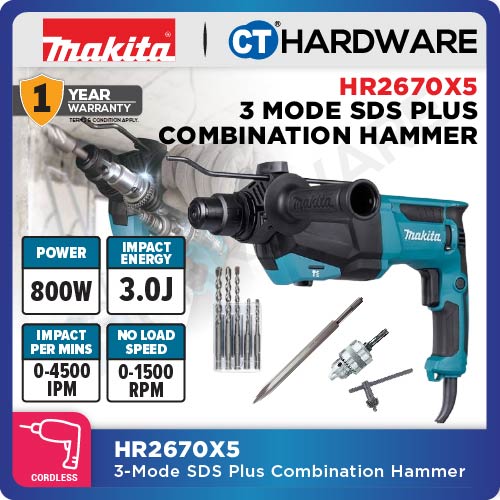Makita HR2670X5 SDS Plus Combination Hammer 3-Mode 800W 26mm 3.0J