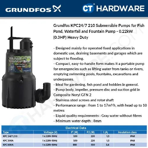 Grundfos KPC 24/7 210 Submersible Drainage Pump 345W Non Auto