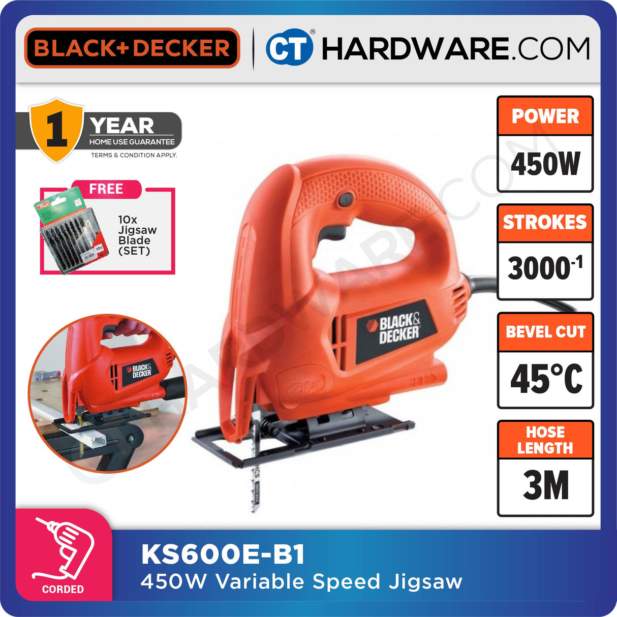 BLACK+DECKER KS600E Variable Speed Jigsaw 450W