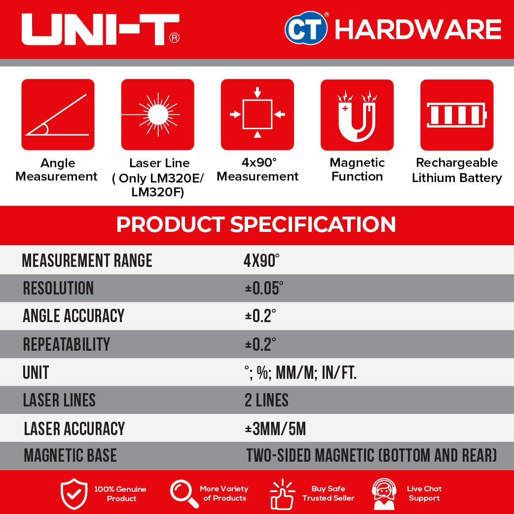 UNI-T LM320E Digital Angle Meter 2-Line Laser 4 x 90° ±0.2°