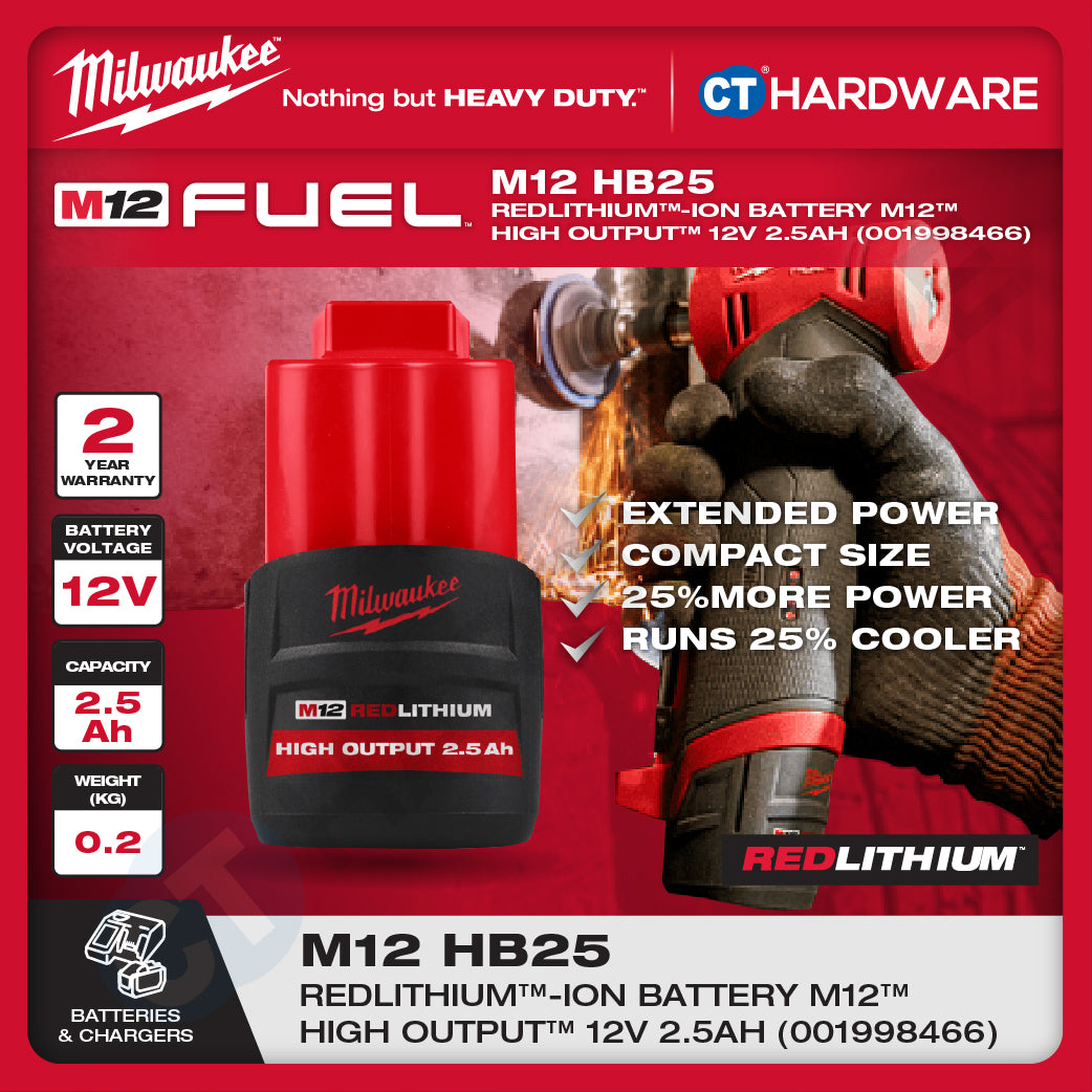 Milwaukee Redlithium™-Ion Battery M12™ 12V, 2.5AH, 3.0AH, 4.0AH, 5.0AH, 6.0AH & M12™- M18™ Charger