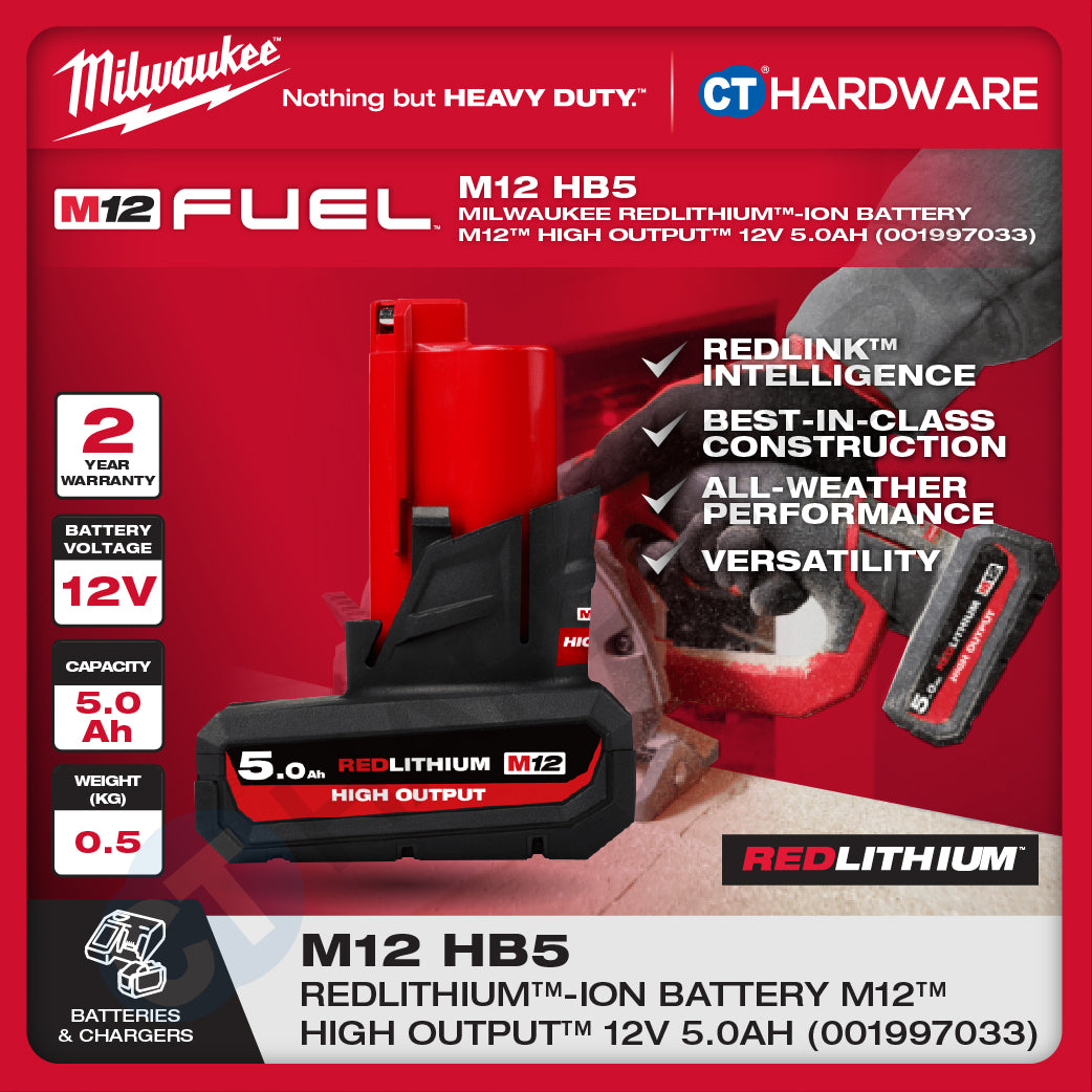 Milwaukee Redlithium™-Ion Battery M12™ 12V, 2.5AH, 3.0AH, 4.0AH, 5.0AH, 6.0AH & M12™- M18™ Charger