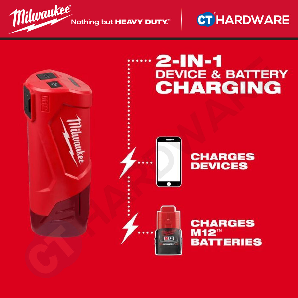 Milwaukee M12 TC2-0 | M12 Travel Charger Gen II 12V, BARE UNIT, FREE 1x 1x 2.0AH M12 B2 Battery