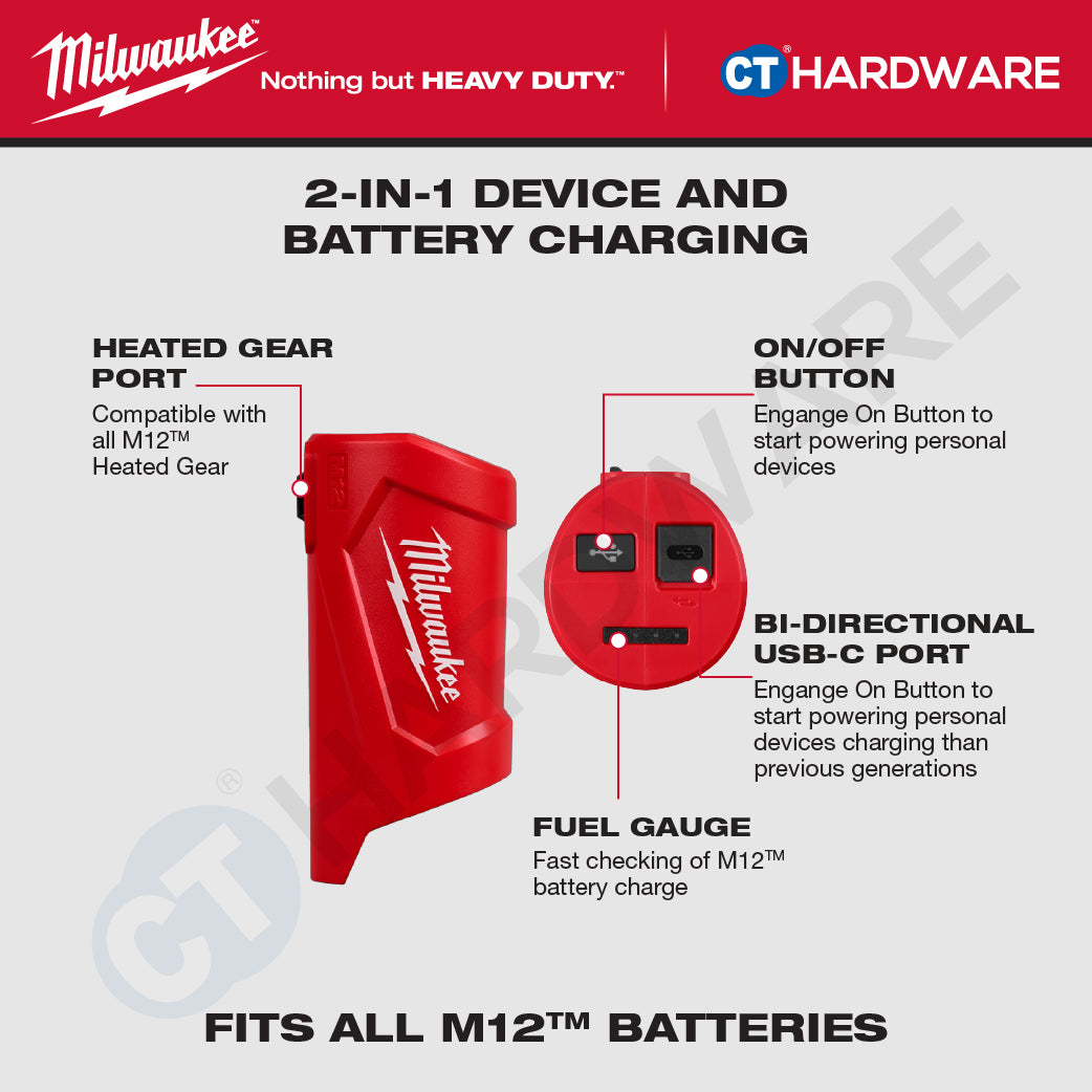 Milwaukee M12 TC2-0 | M12 Travel Charger Gen II 12V, BARE UNIT, FREE 1x 1x 2.0AH M12 B2 Battery