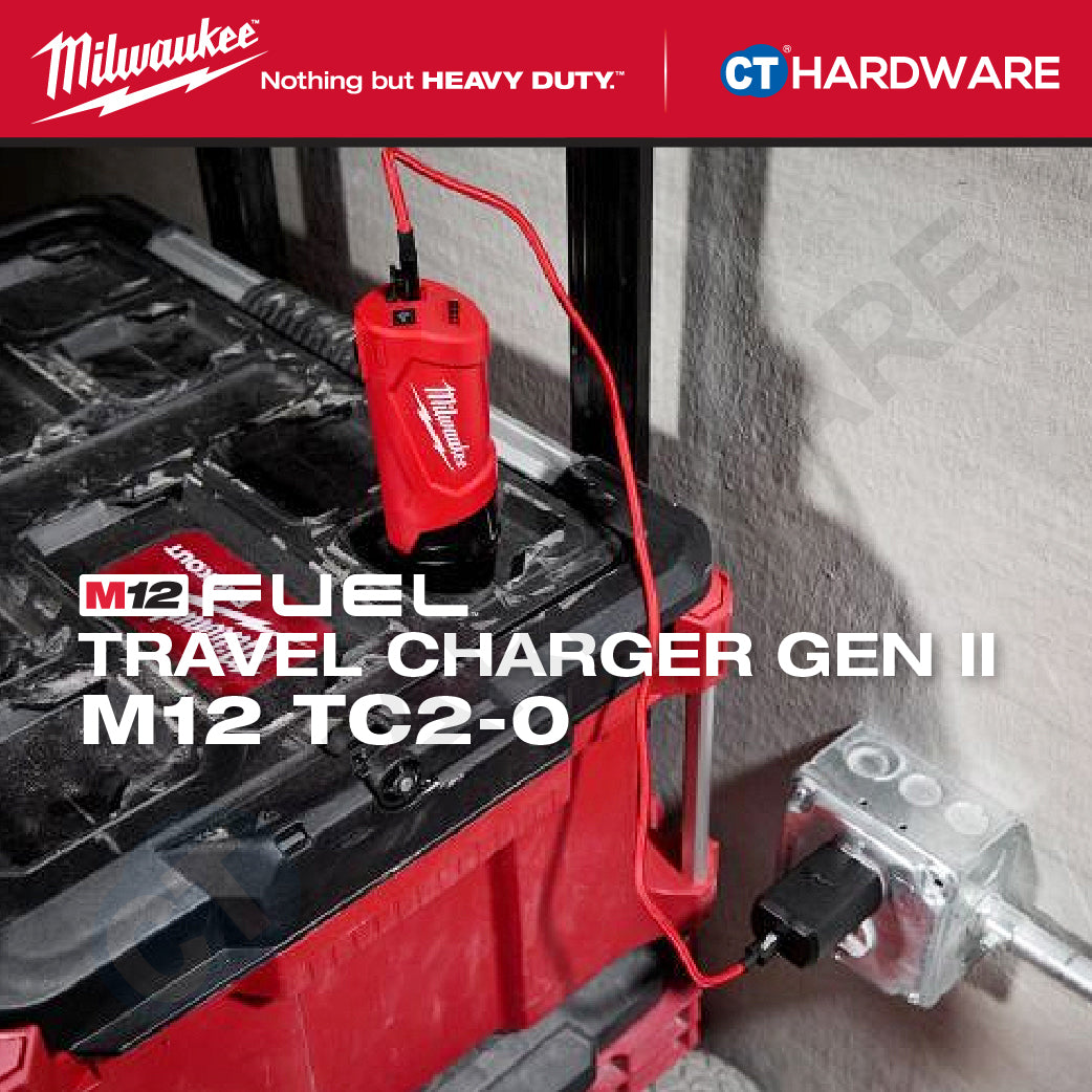 Milwaukee M12 TC2-0 | M12 Travel Charger Gen II 12V, BARE UNIT, FREE 1x 1x 2.0AH M12 B2 Battery