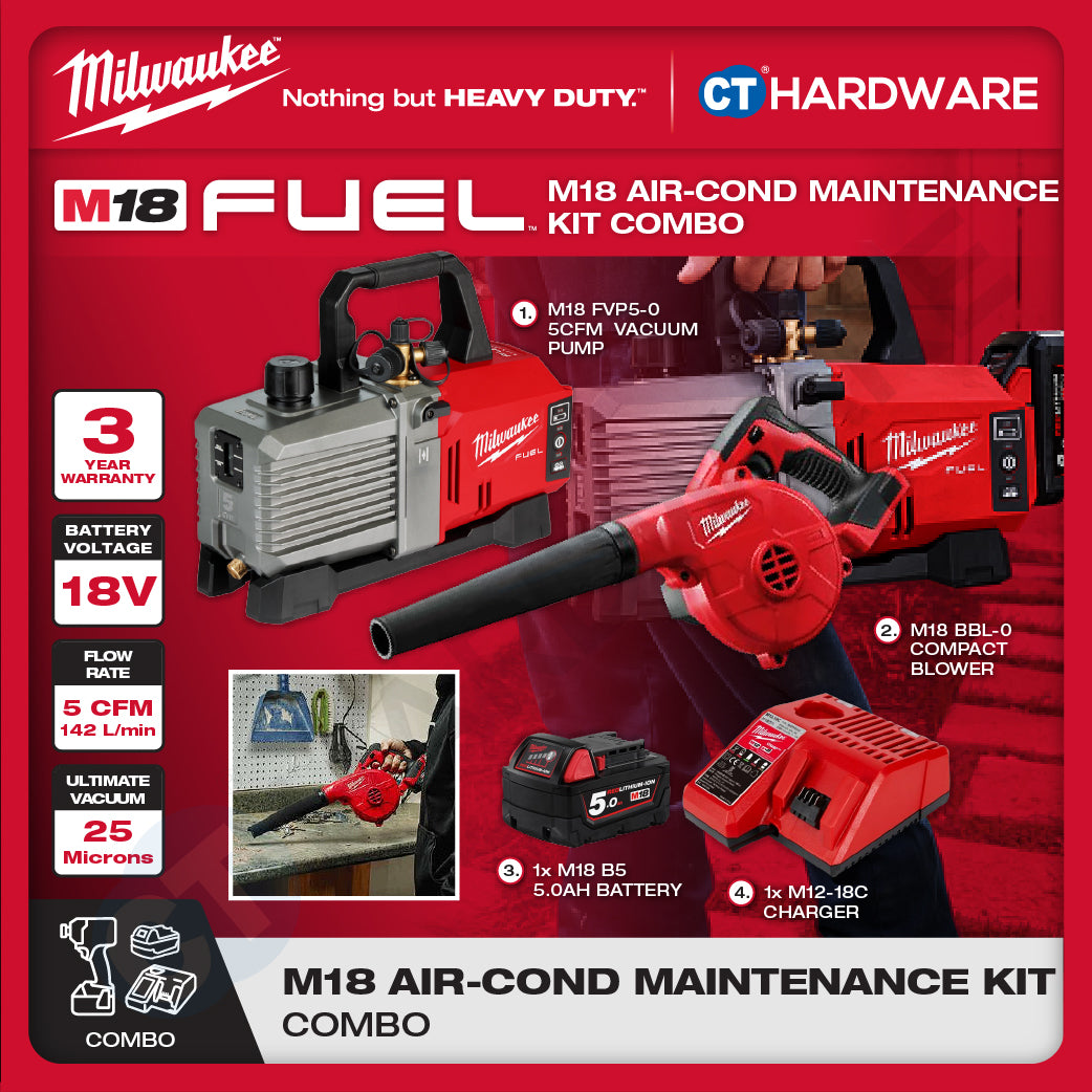 Milwaukee M18 AIR-COND MAINTENANCE KIT Combo, M18 FVP5-0 5CFM Vacuum Pump, M18 BBL-0 Compact Blower Come With 1x M18 B5 5.0Ah Battery and Charger
